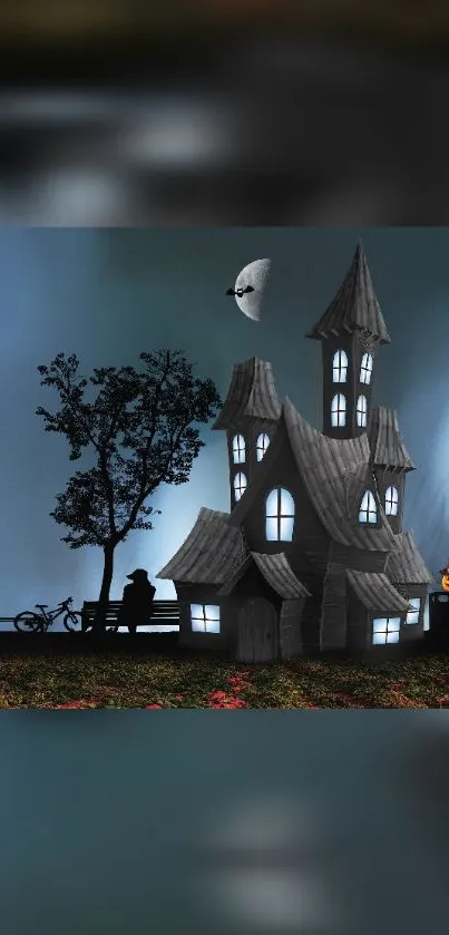 Haunted house under a dark blue night sky with silhouetted trees.