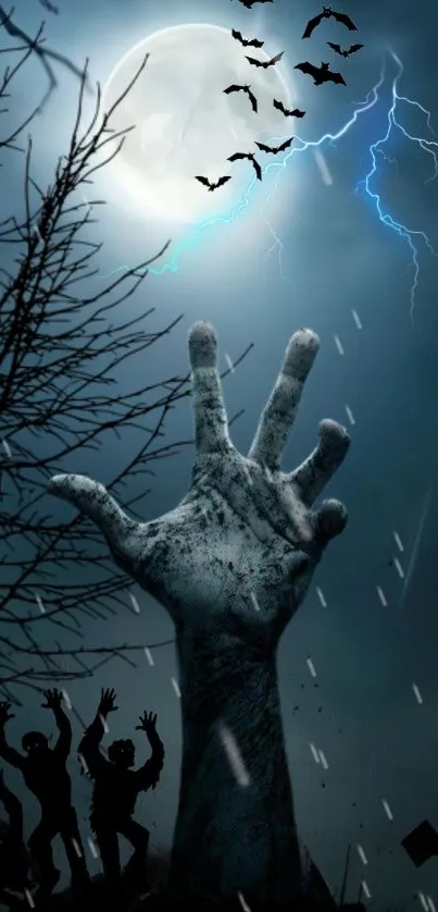 Zombie hand reaching skyward with bats and lightning in eerie night scene.