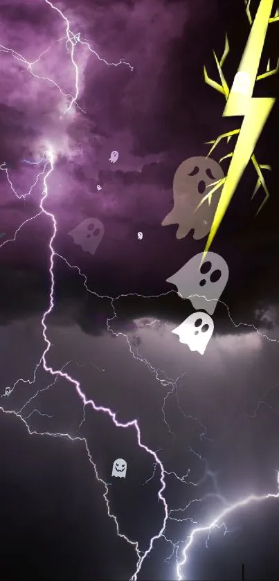 Spooky night wallpaper with ghosts and lightning in a dark purple sky.