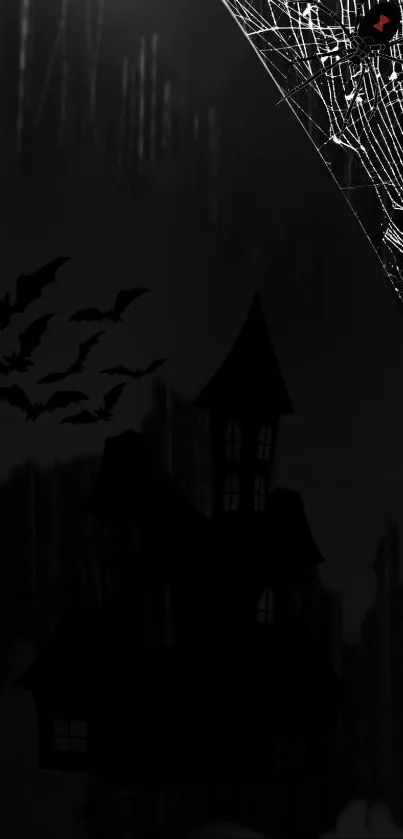 Dark wallpaper with haunted house and bats.