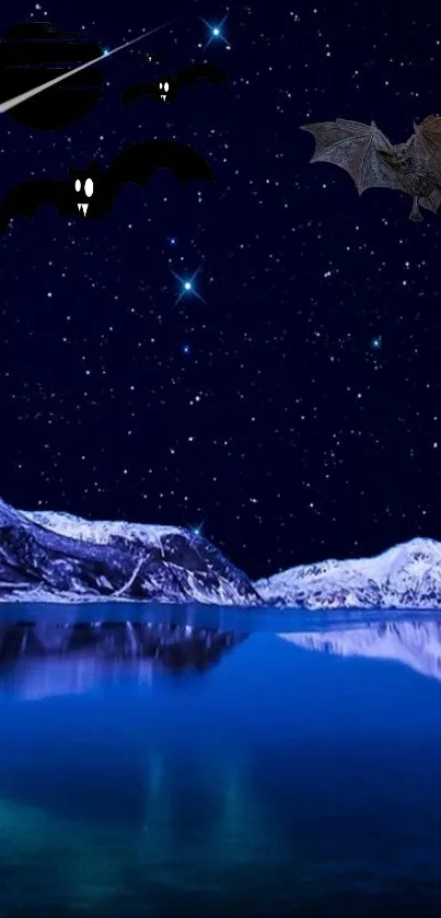 Spooky night wallpaper with bats over snowy mountains and starry sky.