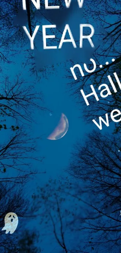 Spooky night wallpaper with moon and silhouetted trees for mobile.