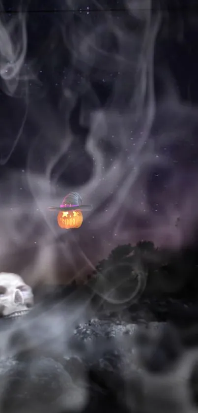 Mystical Halloween wallpaper with skull and smoke against dark sky.