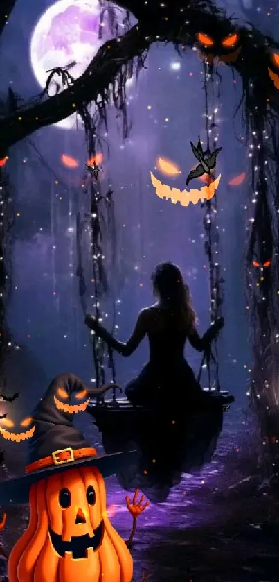 Silhouette on swing under a purple moonlit sky with jack-o'-lantern and spooky forest.