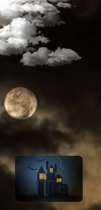 Spooky wallpaper with haunted house, clouds, and a moonlit sky.