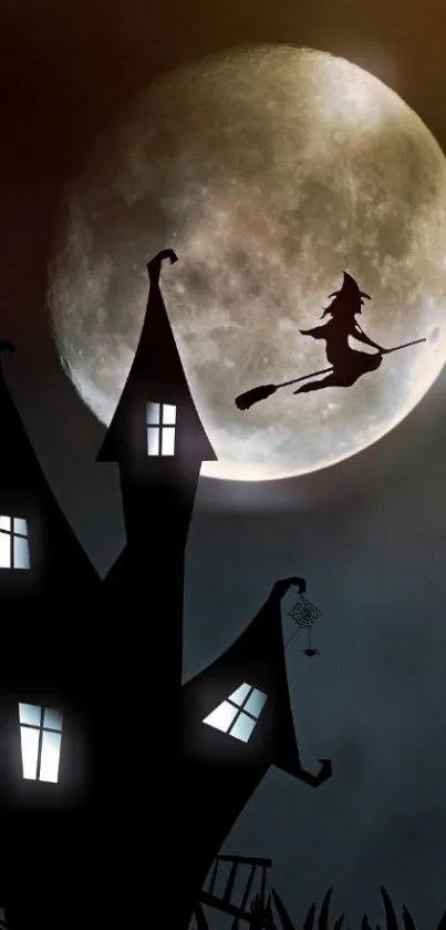 Witch flying over haunted house with full moon backdrop.