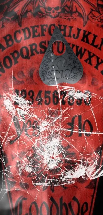 Eerie red Ouija board wallpaper with cracked design.