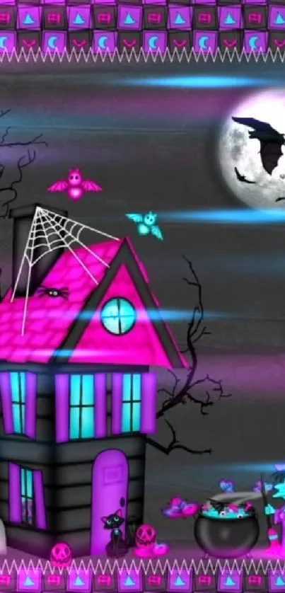 Spooky wallpaper with pink haunted house and witch.