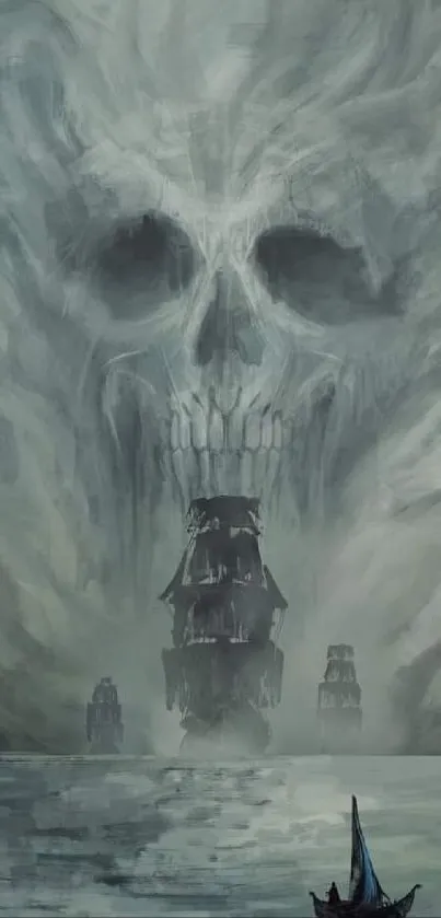 A spooky pirate ship sailing under a skull-shaped cloud in a misty sea.