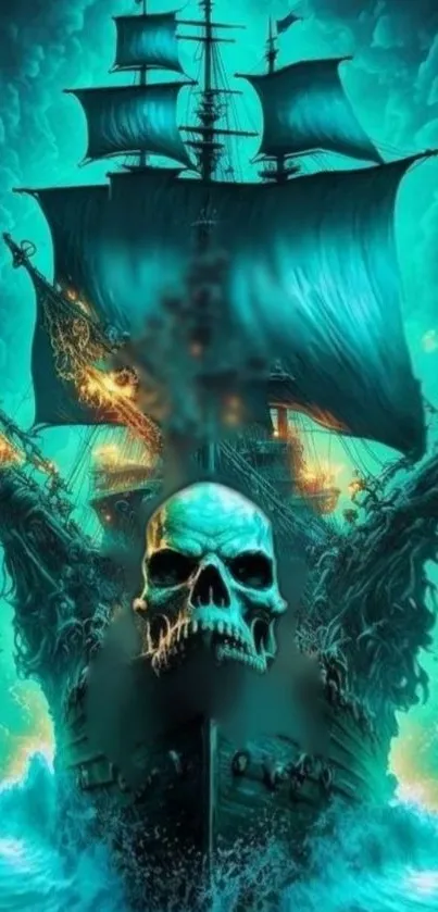 Haunted pirate ship with skull and fiery details on blue-green sea.