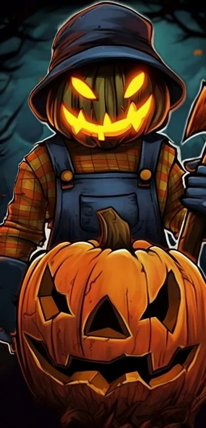 Spooky pumpkin and scarecrow wallpaper with axe in dark forest.