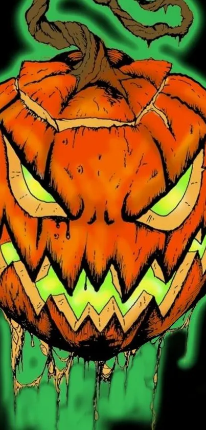 Spooky pumpkin art with glowing green eyes on a black background.