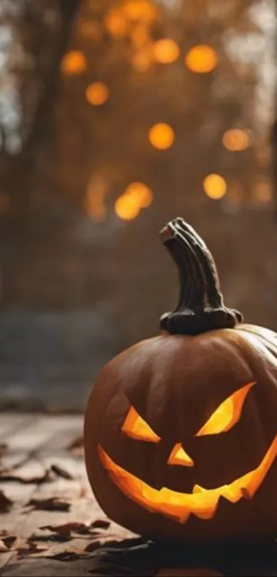 Glowing Jack-o'-lantern on autumn leaves