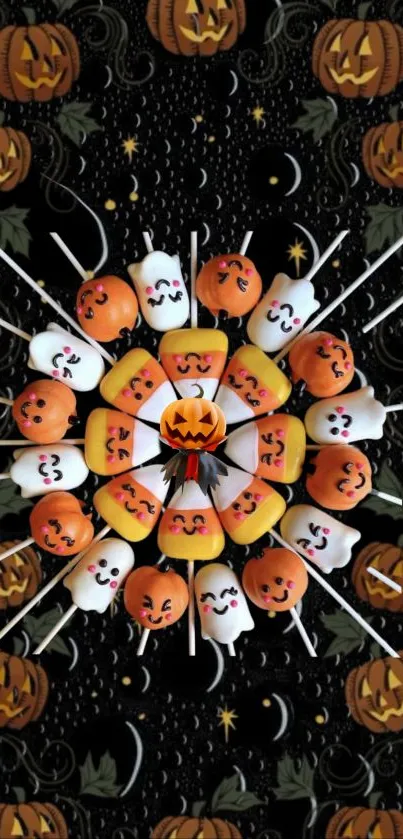 Halloween-themed mandala with pumpkins, candy, and ghost lollipops.
