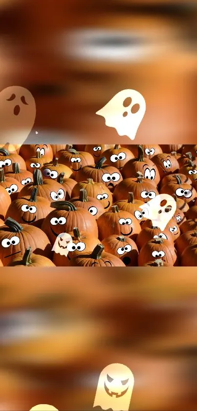 Cartoon pumpkin field with ghosts wallpaper.