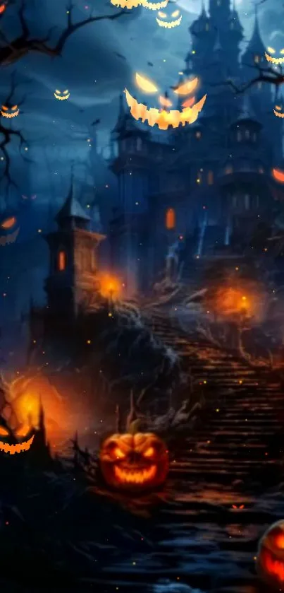 Spooky Halloween castle with glowing pumpkins on a dark night.
