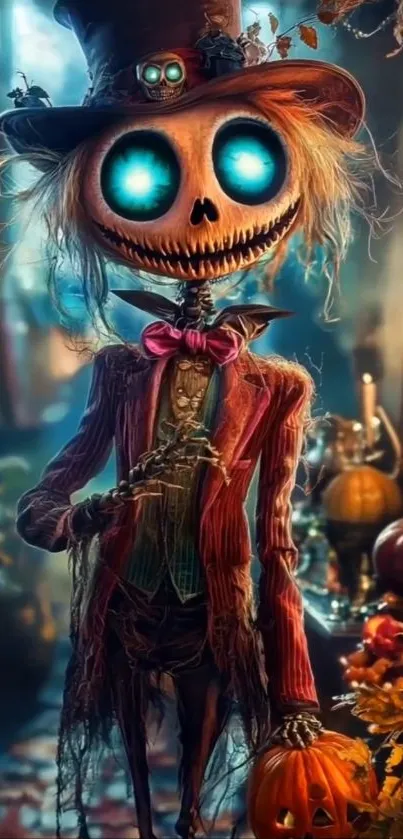 Spooky pumpkin-headed character in a Halloween-themed setting with vibrant autumn colors.