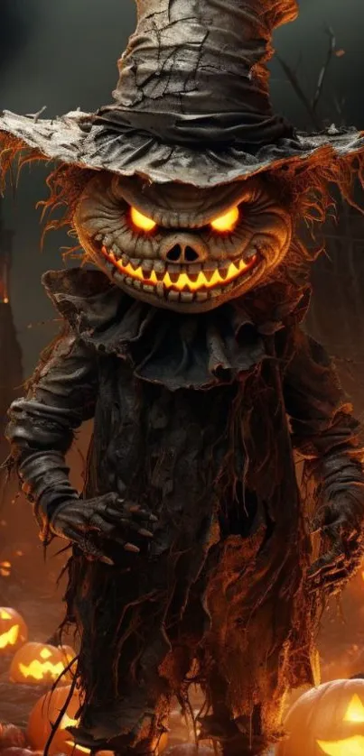 Sinister pumpkin-headed creature in dark forest with glowing pumpkins.