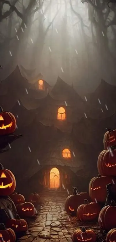 Spooky forest with glowing pumpkins and misty, eerie atmosphere for Halloween night.