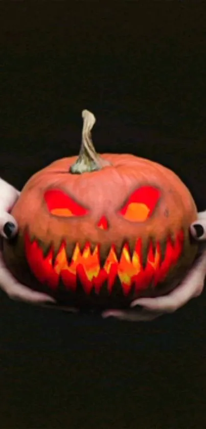 Glowing Jack-o'-Lantern held in dark hands.