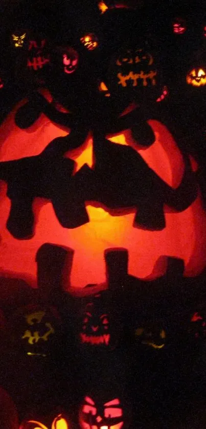 Glowing jack-o'-lanterns in a dark, eerie setting.