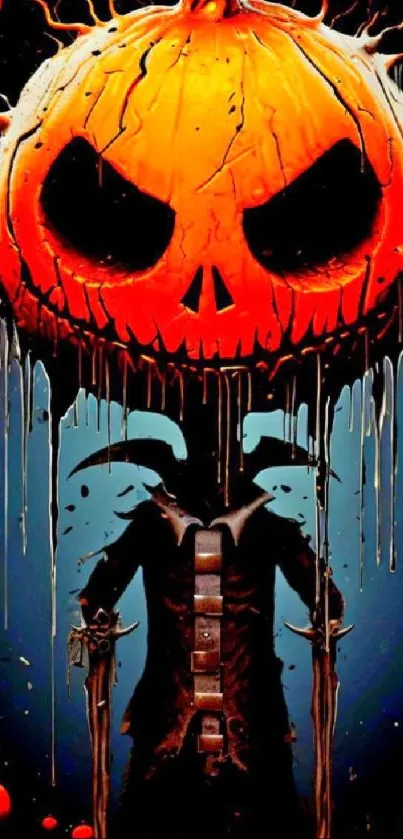 Spooky pumpkin-headed figure Halloween wallpaper art.