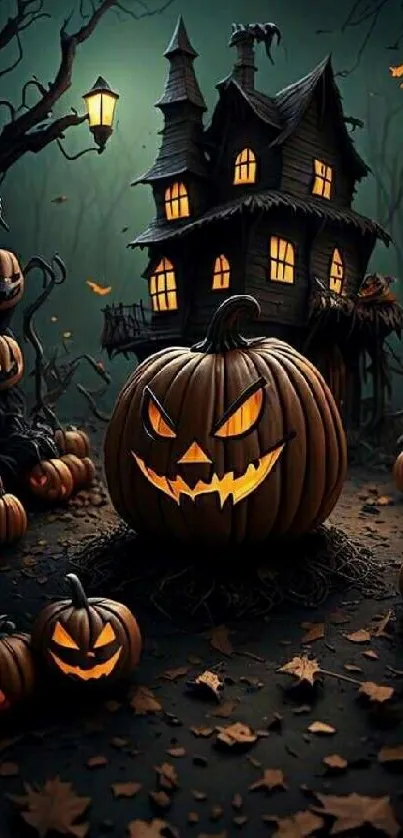 Spooky Halloween scene with glowing pumpkins and haunted house.