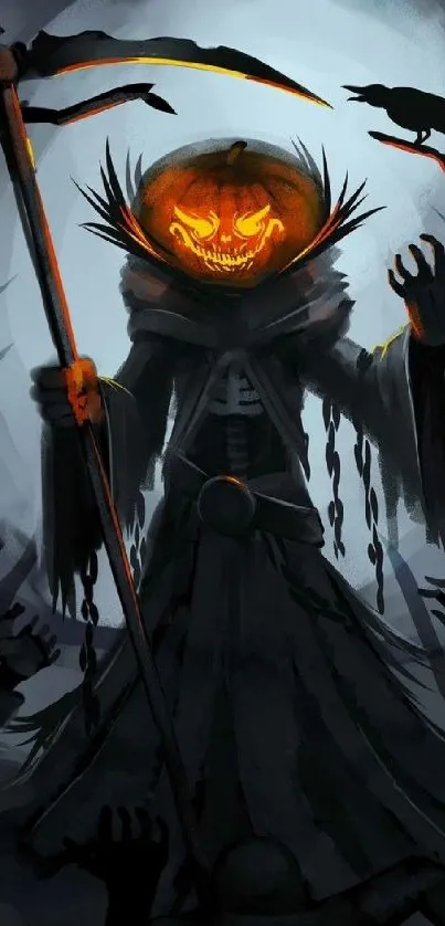 Halloween wallpaper with pumpkin-headed figure and scythe.