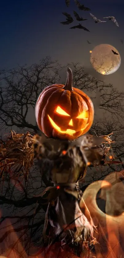 Spooky pumpkin scarecrow under full moon.