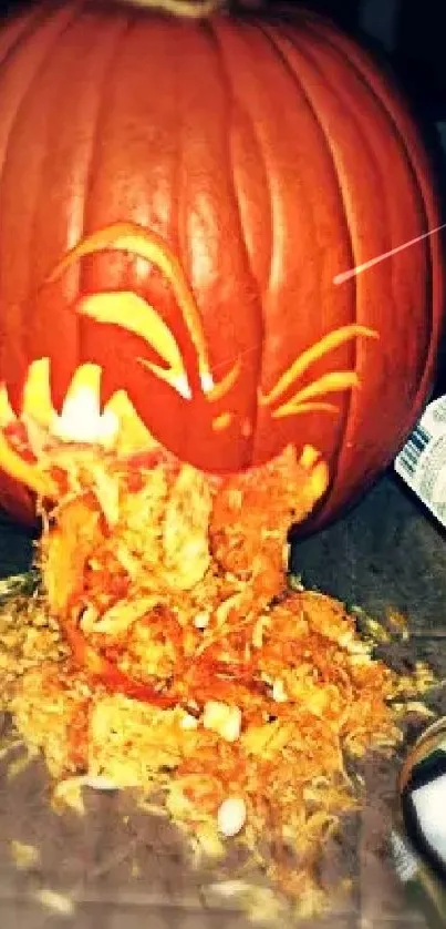 Humorous carved pumpkin surrounded by Halloween drinks.