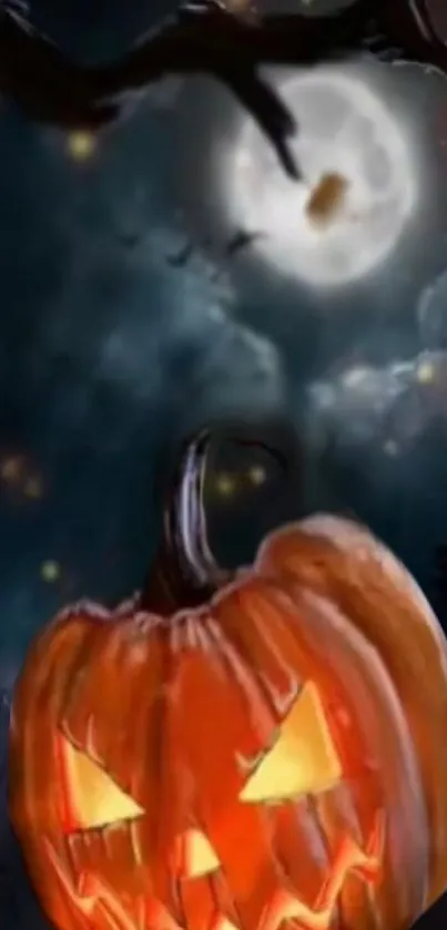 Glowing pumpkin under full moon in spooky Halloween scene.