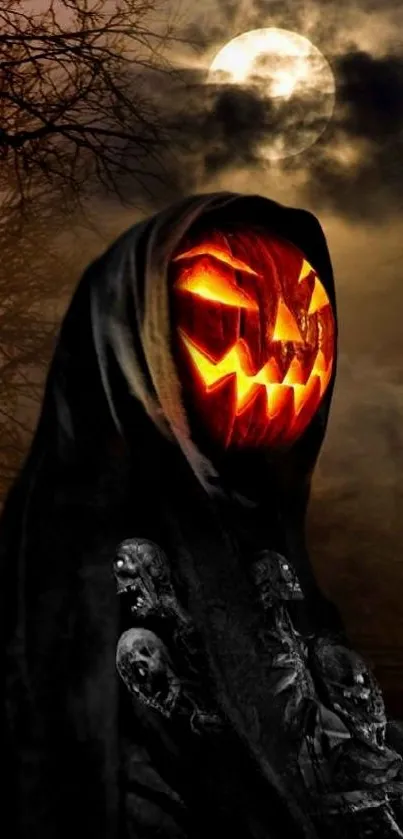 Eerie pumpkin head with glowing face under a full moon, perfect for Halloween.