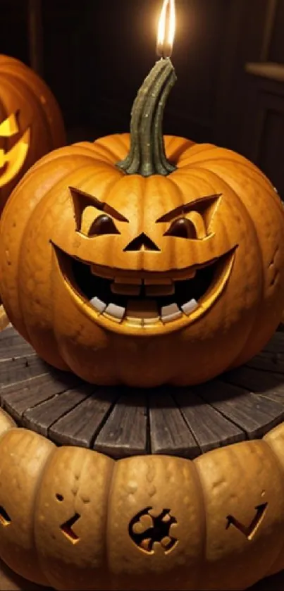 Spooky carved pumpkin with candlelight, perfect for Halloween.