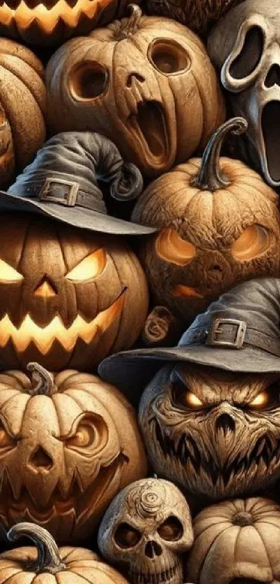 A collection of carved pumpkin faces glowing in a spooky Halloween theme.