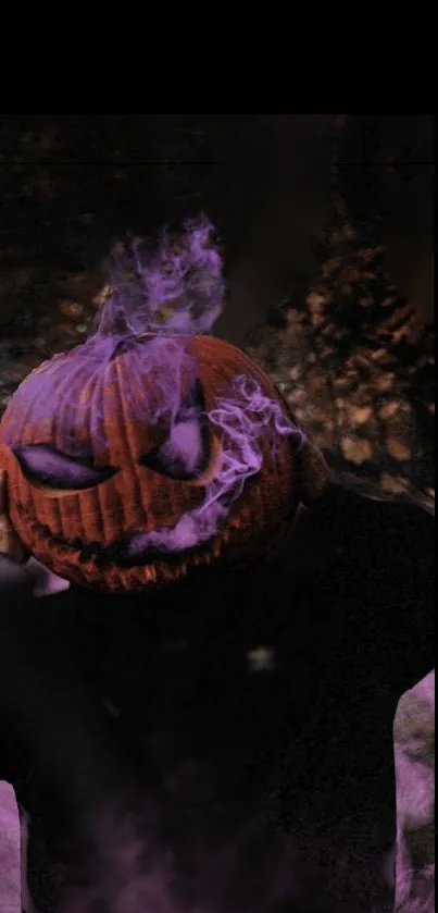 Halloween pumpkin head with purple smoke on dark background.