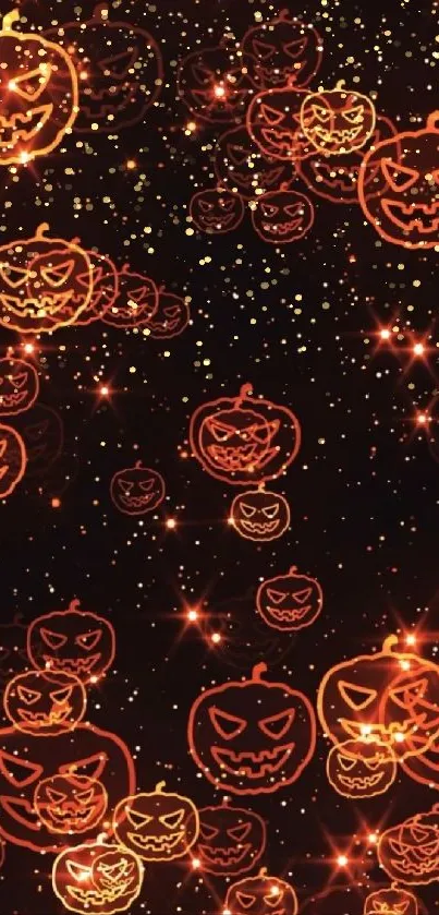 Glowing pumpkin faces on a starry Halloween background.