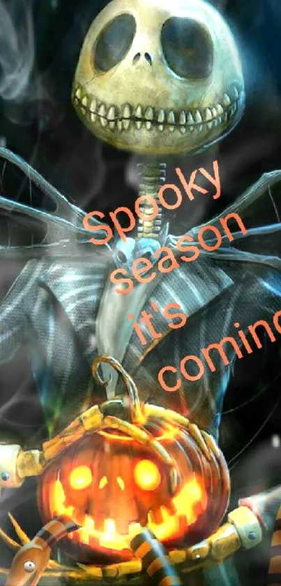 Skeleton holding glowing pumpkin with spooky text overlay.