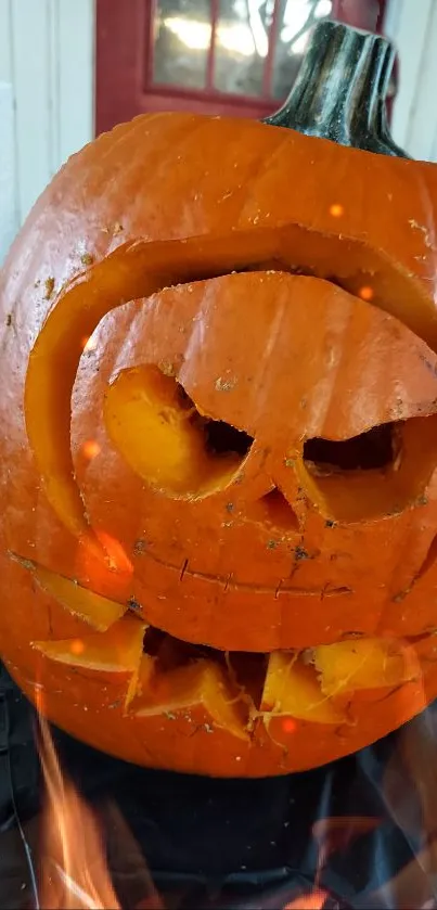 Spooky carved pumpkin Halloween wallpaper with glowing jack-o'-lantern face.