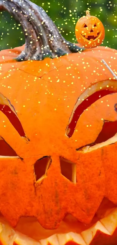 Spooky carved pumpkin with sparkles for Halloween.