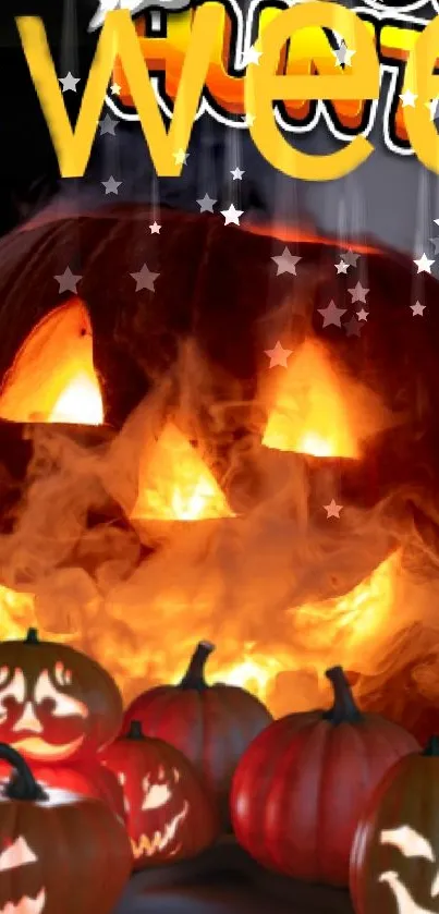 Halloween wallpaper with glowing pumpkins and stars.