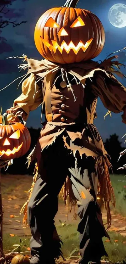 Halloween scarecrow with pumpkins under moonlight.
