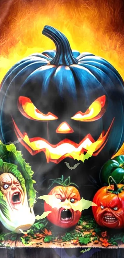Creepy carved pumpkin with glowing face
