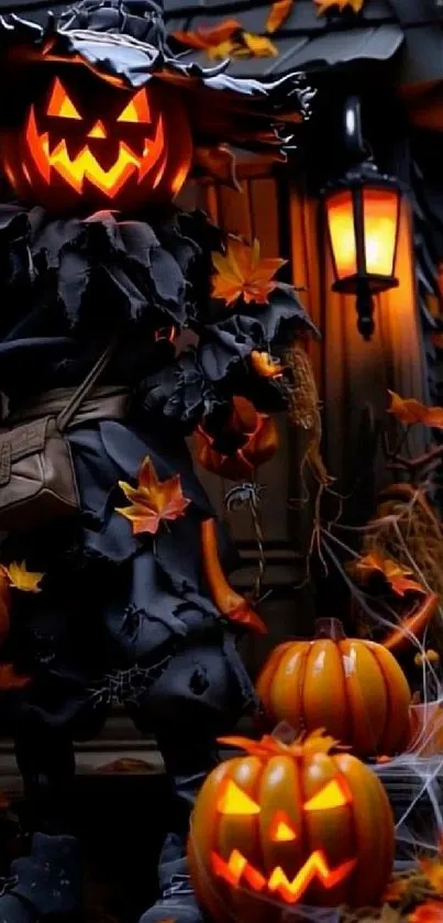 Spooky pumpkin-headed scarecrow with glowing pumpkins in autumn setting.