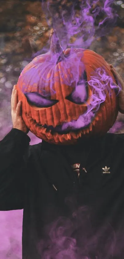 Halloween pumpkin head with purple smoke rising, creating a spooky look.