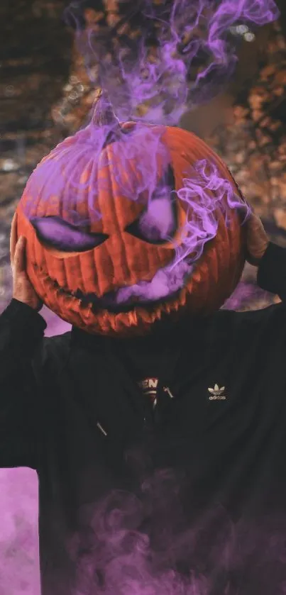 Spooky pumpkin head emitting purple smoke in a forest setting for Halloween.