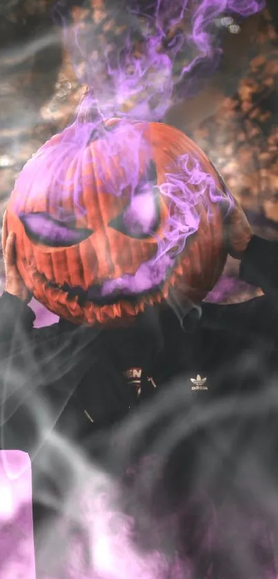 Spooky pumpkin head with purple smoke wallpaper.