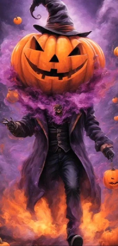 Halloween-themed wallpaper with a pumpkin head and mystical purple smoke.