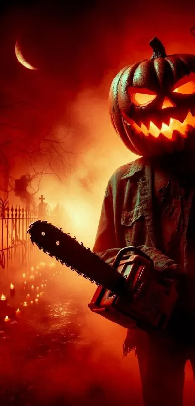 Pumpkin-headed figure with chainsaw in a spooky, moonlit scene