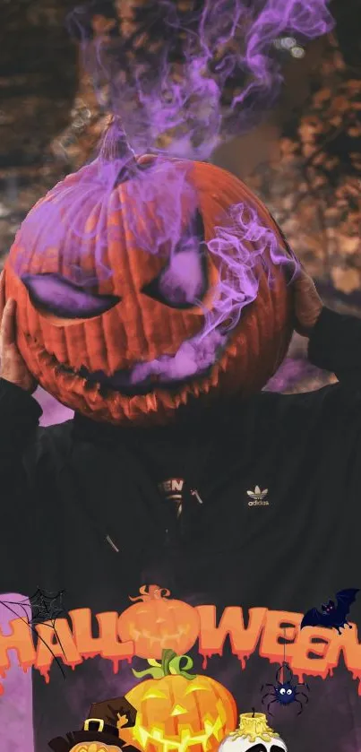 Spooky pumpkin head emitting purple smoke with Halloween design.