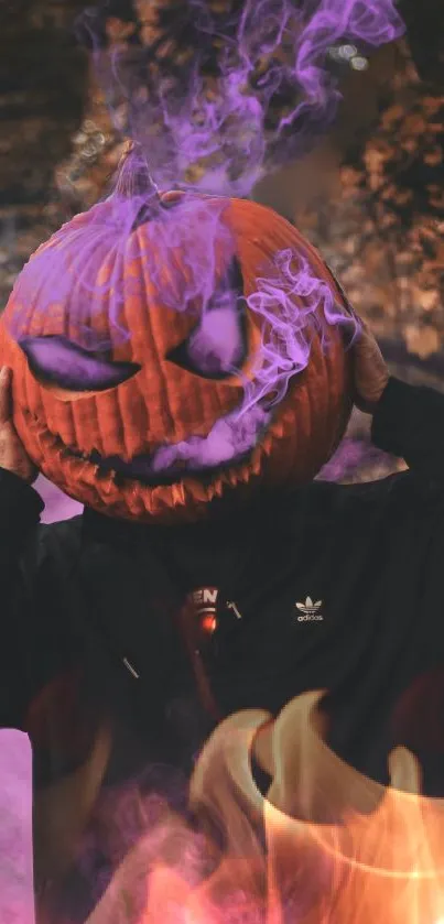 Spooky Halloween pumpkin head with purple smoke and fire.